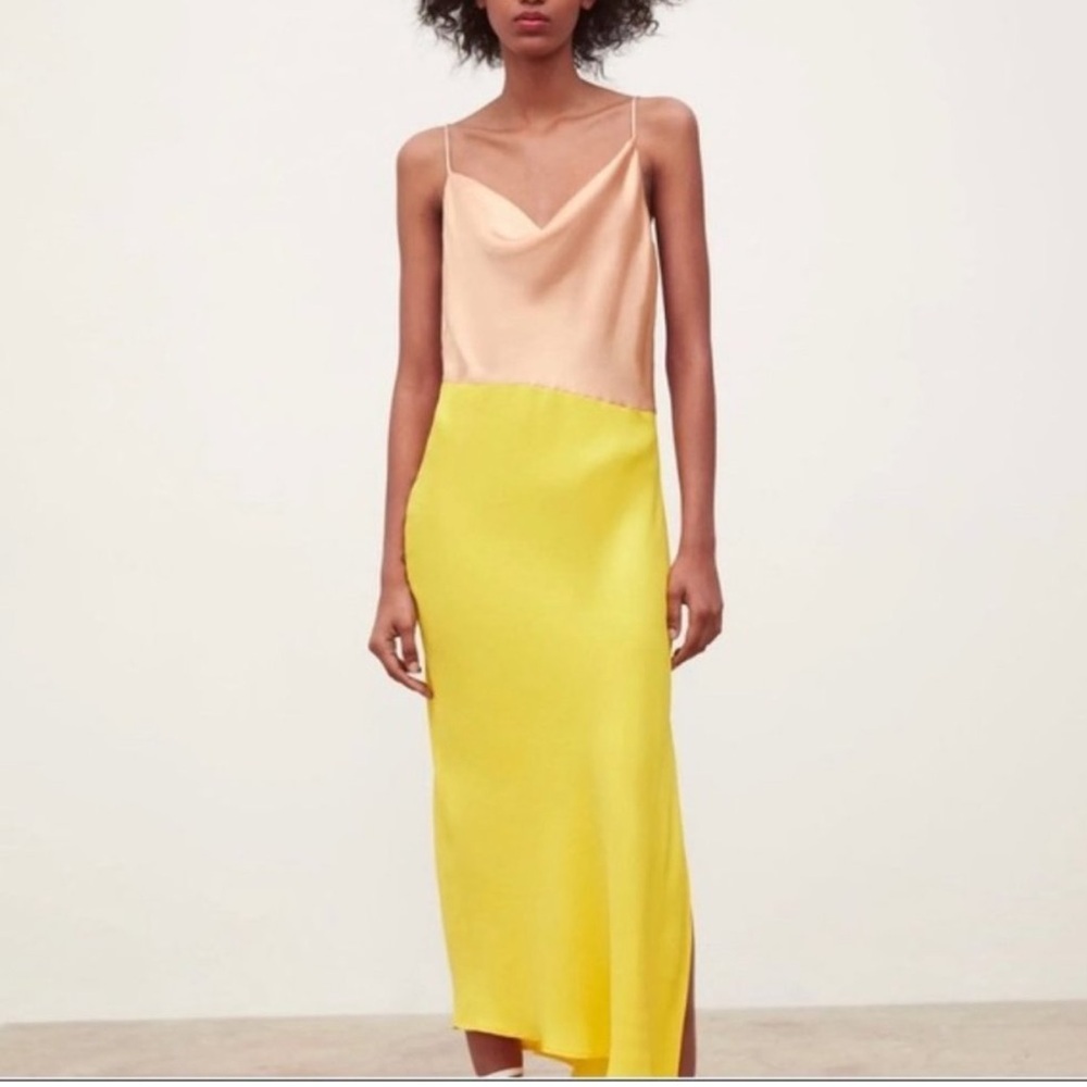 Zara wedding guest Elegant Yellow and Tan Colorblock Dress midi silky